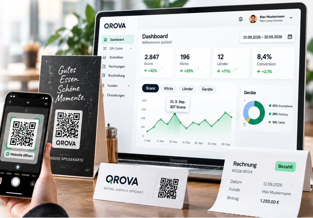 QROVA im Einsatz: Aufsteller mit QR-Code auf dem Tisch, Smartphone beim Scannen und das Dashboard mit Scan-Statistiken