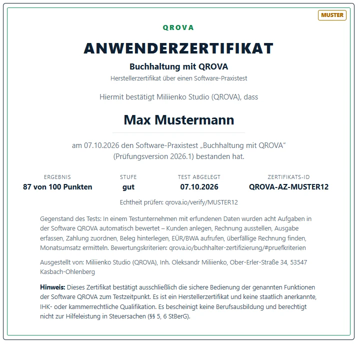 Anwenderzertifikat Buchhaltung: Muster des QROVA-Anwenderzertifikats mit Stufe, Prüfungsversion und Zertifikats-ID
