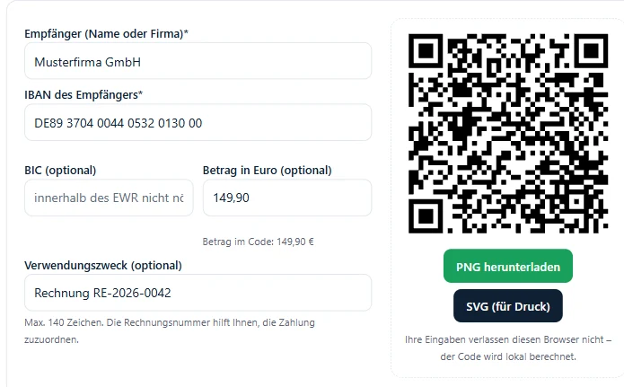 GiroCode erstellen: Generator mit IBAN, Betrag, Verwendungszweck und fertigem EPC-QR-Code