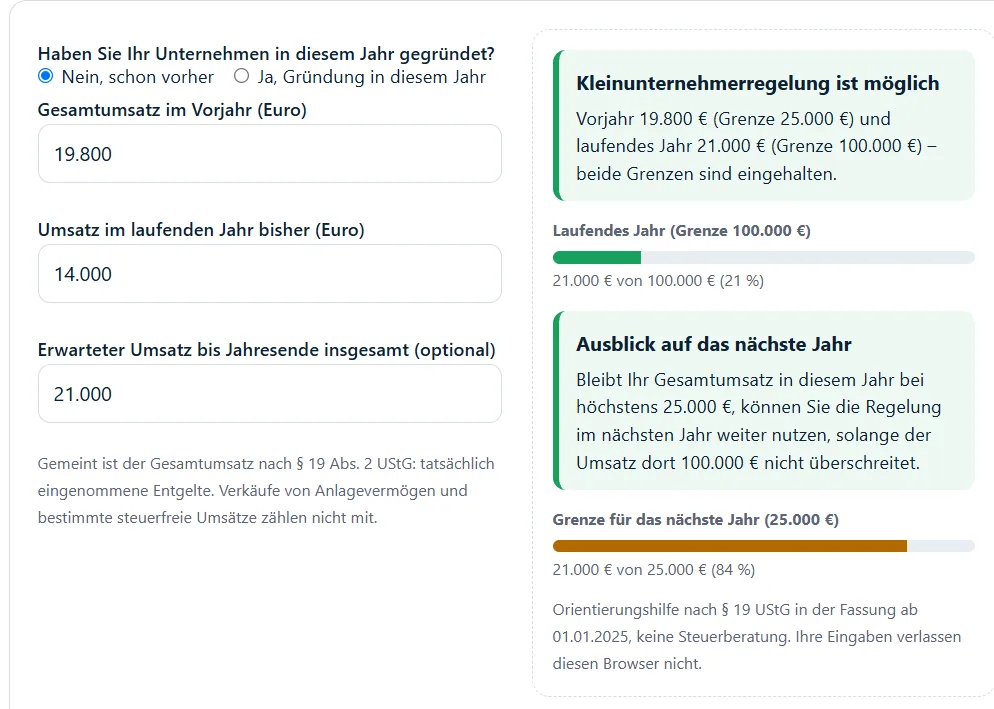 Kleinunternehmer-Rechner: Ergebnis mit Umsatzgrenzen 25.000 € und 100.000 €