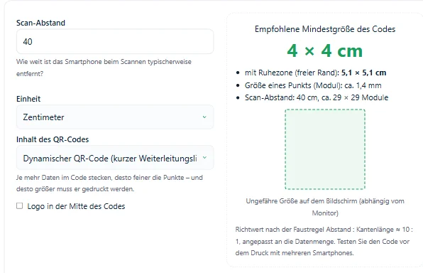 QR-Code-Größe berechnen: Ergebnis des Rechners mit Mindestgröße und Ruhezone