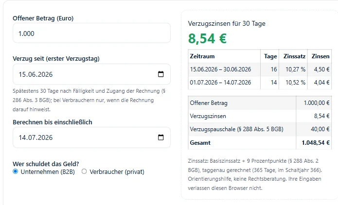 Verzugszinsen-Rechner: Ergebnis mit Zinsabschnitten, Zinssatz und 40-Euro-Pauschale